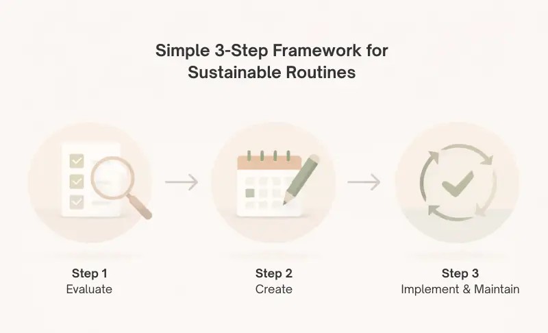 Three-step framework showing evaluate, create, and implement as a process for building sustainable routines Three-step framework showing evaluate, create, and implement as a process for building sustainable routines