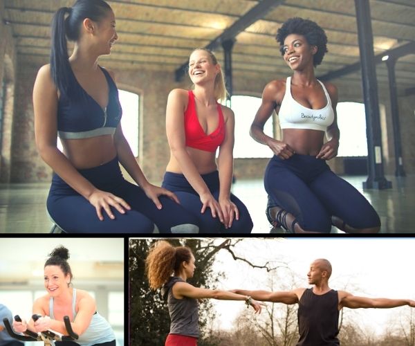 Photo collage of people doing physical exercise: group of three women chatting whilst exercising, woman on an exercise bike, couple exercising outdoors.