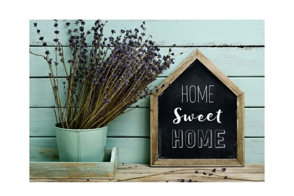 Home Sweet Home! An organized home is a happy home. Home Sweet Home Sign and Bunch of Flowers Displayed on an Organized Entry Table.