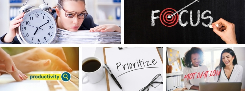 Stay organized by focusing on the things that really matter. Manage your time wisely and stay motivated to achieve your goals! Photos illustrating important factors to organize your life. Time management: woman holding a clock and documents. Motivation: two women working together. Focus: compass pointing at word focus.