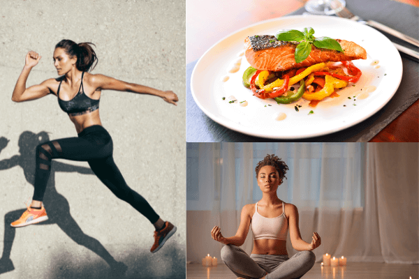 Don´t forget self-care! Eat healthy meals, exercise regularly, and take time out to relax and disconnect. Photos Illustrating Key Aspects of Self-Care: Healthy Meal, Woman Exercising and Woman Meditating.