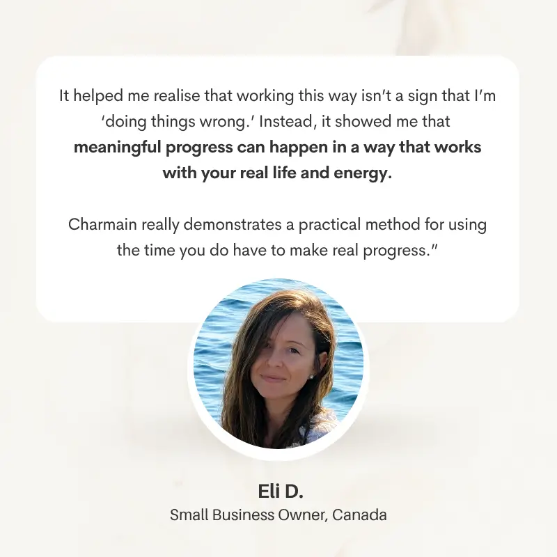 Productivity Reset participant Eli D. shares that meaningful progress can happen in a way that works with real life and energy. Productivity Reset participant Eli D. shares that meaningful progress can happen in a way that works with real life and energy.