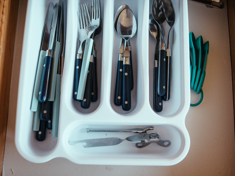 Kitchen drawer organizer for cutlery and kitchen utensils. Kitchen drawer organizer for cutlery and kitchen utensils.