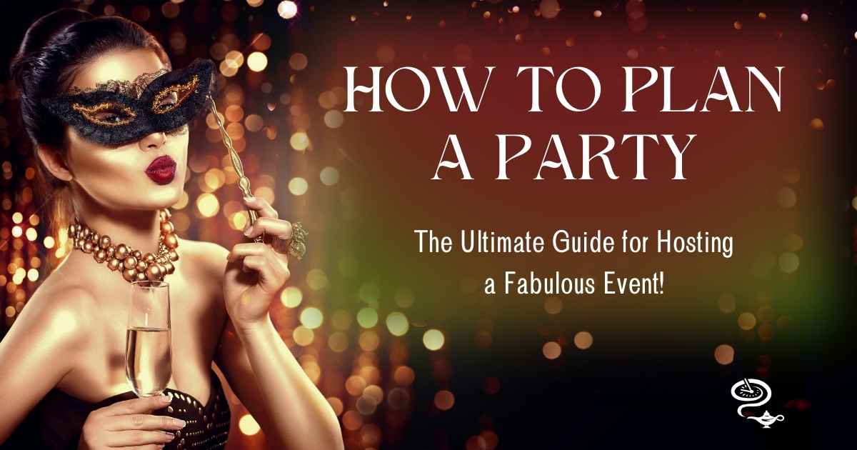 How to plan a party - cover image.
A woman at a party wearing a mask and drinking champagne.