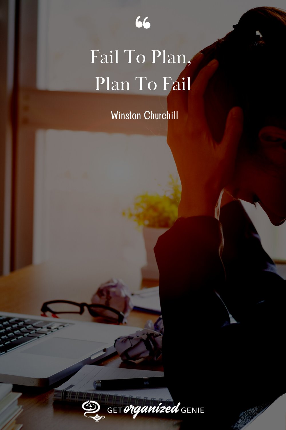 Planning ahead makes it easier to succeed! A woman who has failed to plan her work is sitting distraught with her head in her hands.
