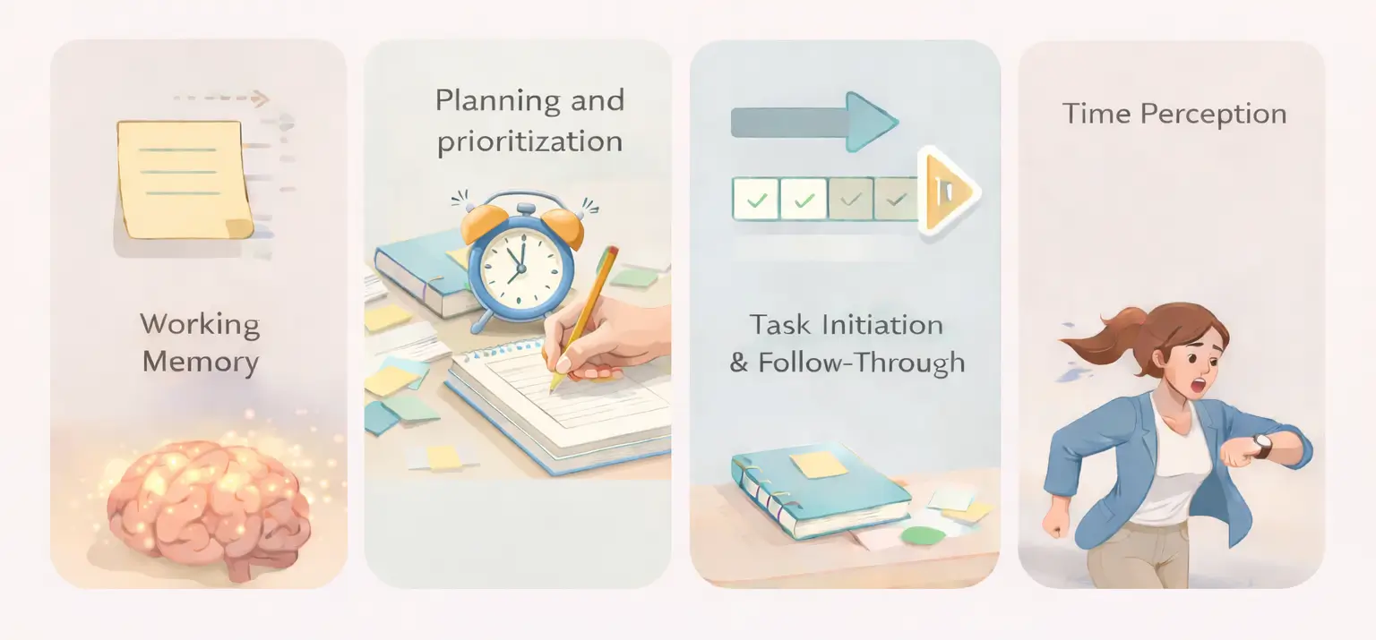 Illustration showing executive function challenges in ADHD—working memory, planning, task initiation, and time perception—that organization strategies for ADHD must support.