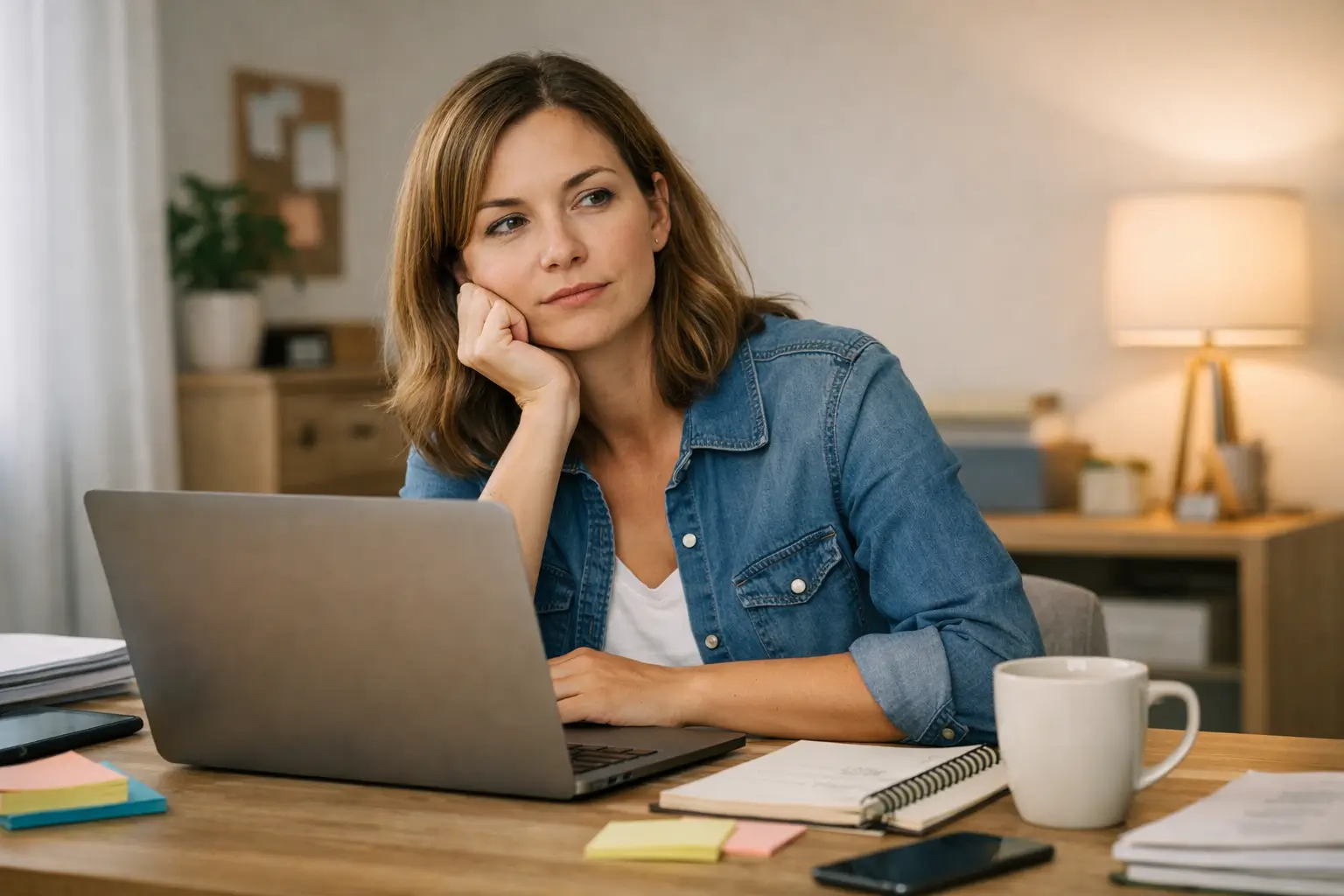 Small business owner with ADHD looking overwhelmed while working at a laptop, illustrating challenges with organization strategies for ADHD