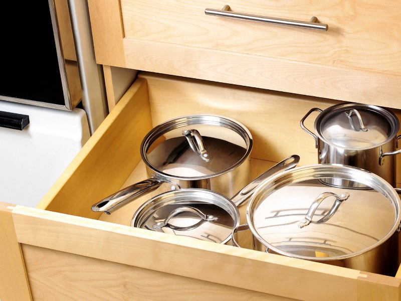 Kitchen drawer storage for saucepans. Kitchen drawer storage for saucepans.