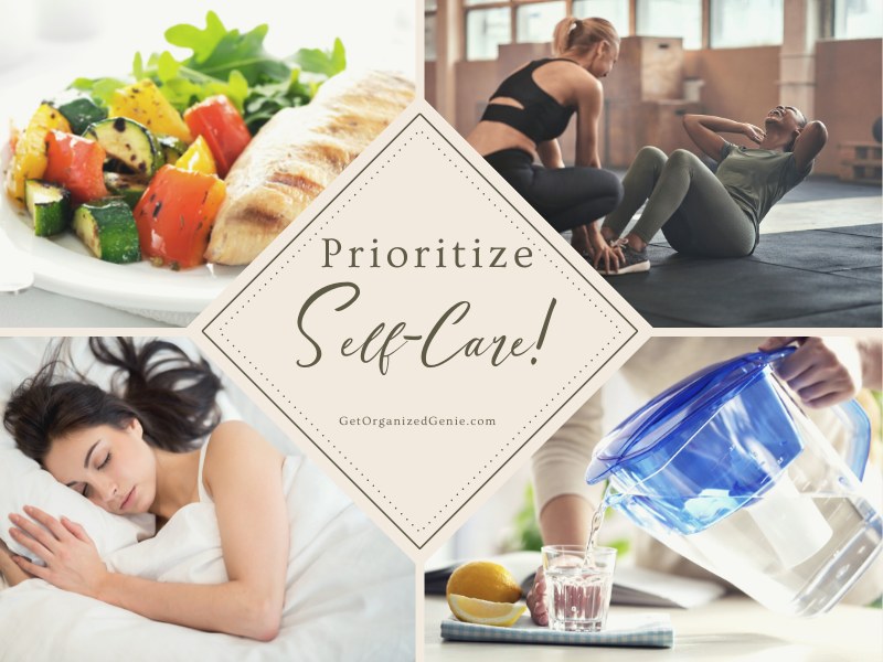 Examples of self-care: a healthy meal, a woman sleeping, two women exercising, and someone pouring a glass of water. Examples of self-care: a healthy meal, a woman sleeping, two women exercising, and someone pouring a glass of water.